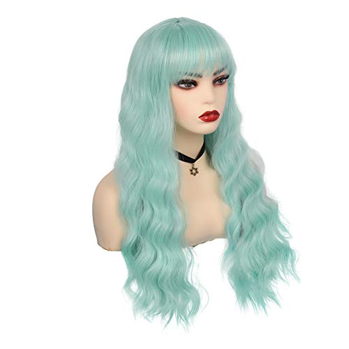 Swiking Mint Green Curly Wigs for Women - Long Wavy Synthetic Cosplay Hair with Bangs