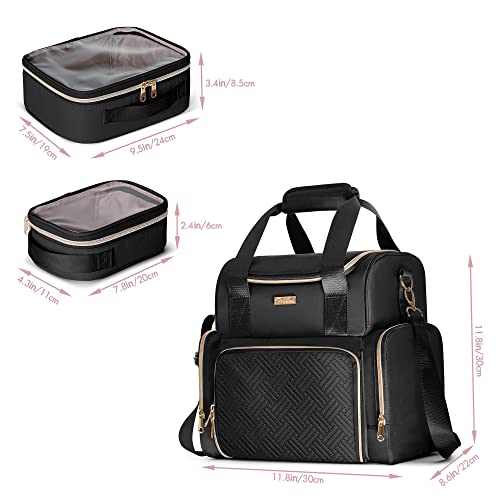 Large Cosmetic Bag with 3 Removable Case, Double Layer Travel Organizer with Inner Dividers and Makeup Brushes Storage Section, Black (Patented Design)
