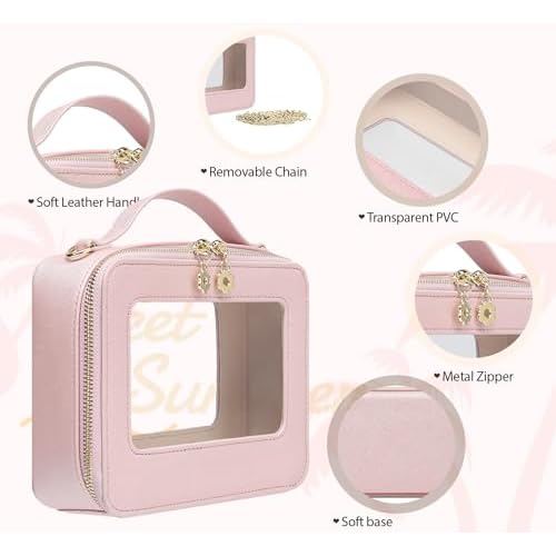 Waterproof Cosmetic Bag with Makeup Brush Bag, Leather Travel Makeup Bag with handle, Crossbody Shoulder Bag with metal detachable shoulder strap for Women (pearl pink)