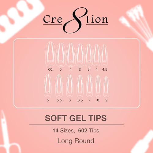 Cre8tion Soft Gel Nail Tips, Long Round Shape, 602 Tips in 14 Sizes (00-9) for Professional Nail Extensions