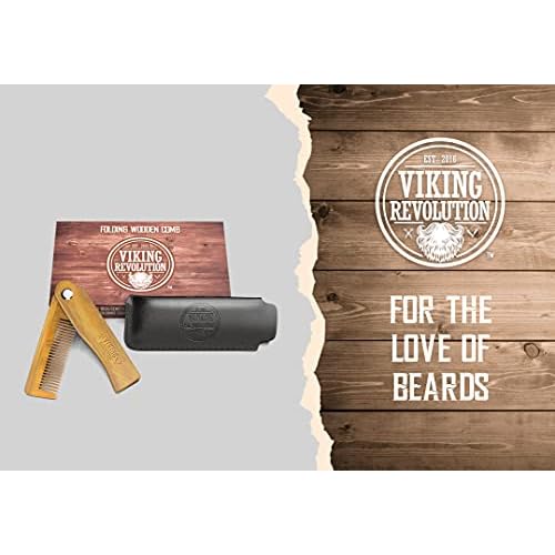 Folding Beard Comb w/Carrying Pouch for Men - All Natural Wooden Beard Comb w/Gift Box - Green Sandalwood Comb for Grooming & Combing Hair, Beards and Mustaches by Viking Revolution
