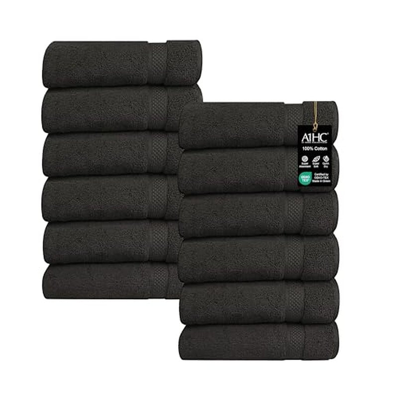 A1HC Wash Cloths Set (13x13 Inches), 500 GSM 100% Ring Spun Cotton, Oeko-TEX Green Certified, Zero Twist, Ultra Soft, Quick Dry & Highly Absorbent, Soft Washcloths (Black Onyx, 12 Piece Wash Cloth)