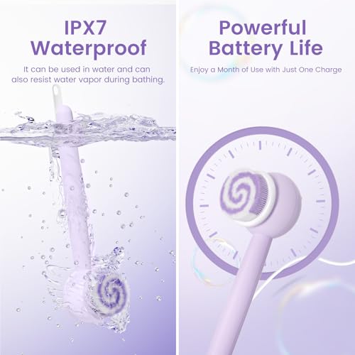 Electric Back Scrubber for Shower Body Brush, Waterproof Shower Body Scrubber for Cleansing, Massaging, Rechargeable Bath Brush for Kids & Adults with 2 Heads & 3 Speed Modes, Taro Purple XY0