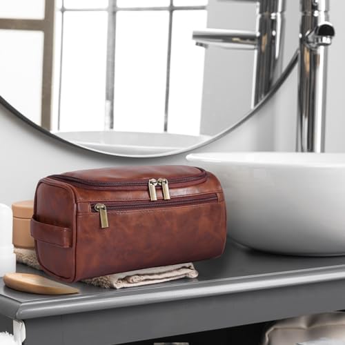 Dark Brown Toiletry Bag for Men and Women Travel Organizer Water-Resistant PU Leather