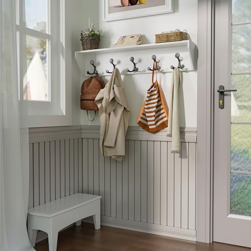 White Wall Shelf with Hooks - 35-Inch Coat Rack & Organizer for Entryway, Hallway, Living Room, Bedroom - SKOLOO