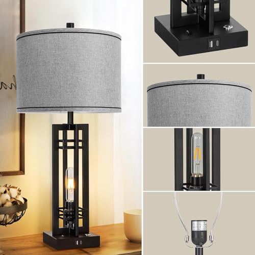 27-Inch Farmhouse Table Lamps Set of 2 with Gray Round Shade - Rustic Touch Control Decor