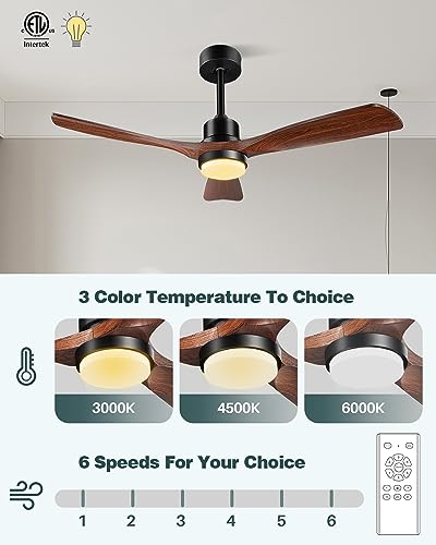 Forrovenco 52 Inch Black Walnut Ceiling Fan with Light & Remote Modern Indoor Outdoor