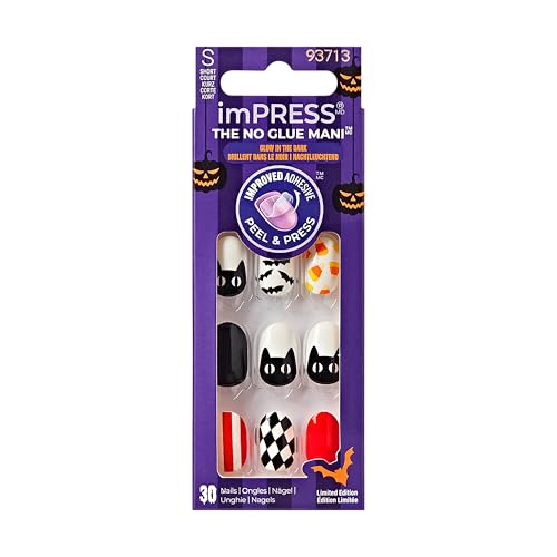 KISS Impress Press-On Manicure Fake Nails, Spooky Fairy - Short Length, Round Shape, Polish-Free Halloween Theme Mani, Includes Prep Pad, Mini File, Manicure Stick, and 30 Fake Nails