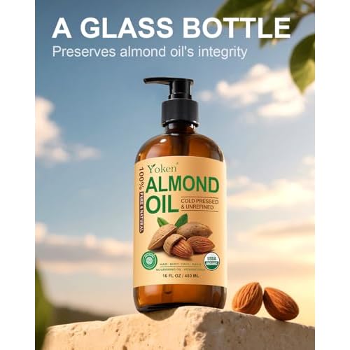 Organic Almond Oil 16 fl oz, USDA 100% Pure Cold Pressed Almond Oils in Glass Bottle, Natural Moisturizer for Face, Hair & Body, Ideal Carrier Oil for Skin Care, DIY Beauty & Soothing Massage