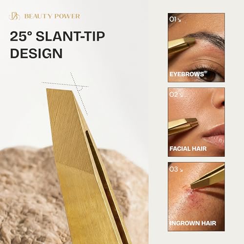 Gold Tweezers Set with Case - Professional Slant & Point Precision Tweezers for Eyebrows & Facial Grooming - Matte Gold Variation