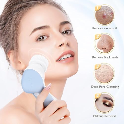 COSLUS Facial Cleansing Brush Silicone Face Scrubber: 7 in 1 FBS-D Electric Exfoliating Rotating Massage Device Waterproof Deep Cleaning Exfoliation Spa Machine - Electronic Skin Care Wash System