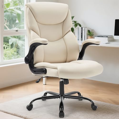 DUMOS Leather Office Chair Cream White 1pc Ergonomic Lumbar Support