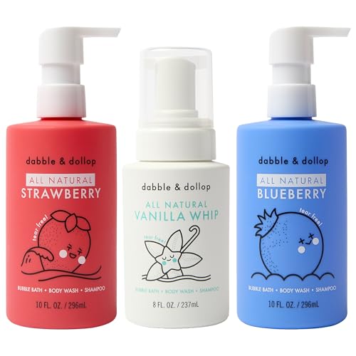 Dabble & Dollop USA Bundle, 3-in-1 Natural Bubble Bath, Body Wash & Shampoo for Kids, Paraben & Sulfate Free, Vegan, Tear-Free, Strawberry, Vanilla & Blueberry (Set of 3)