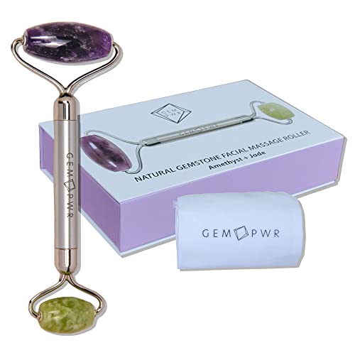 Amethyst + Jade Roller for Face and Neck Massage - Dual Gemstones, Travel Bag