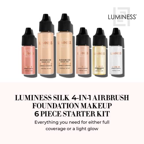Luminess Silk 4-in-1 Airbrush Foundation Makeup Starter Kit - Medium Coverage, 6-piece - Includes 2x Silk Airbrush Foundation, Blush, Glow Highlighter, Moisturizer Primer & Airbrush Cleaning Solution