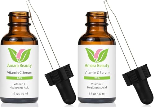 Amara Beauty Vitamin C Serum 20% with Hyaluronic Acid & Vitamin E - 1 Fl Oz Pack of 2