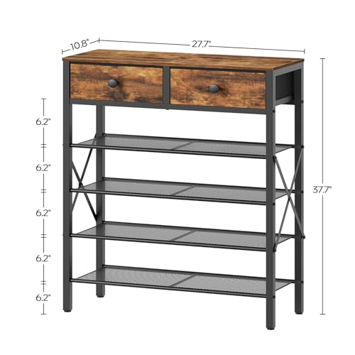 5-Tier Shoe Rack with Drawers - Rustic Brown & Black, Large Capacity, Metal & Wood