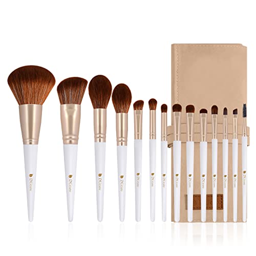 White Gold Makeup Brush Set 14Pcs with Travel Bag - Professional Synthetic Face & Eye Brushes