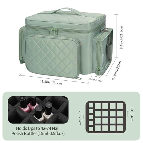 Nail Polish Organizer, Nail Polish Storage Holds 42+ Bottles & Nail Lamp, Portable Travel Nail Kit Storage Carrying Case Fits Nail Suppiles, Gift for Manicurist, Grils - Green