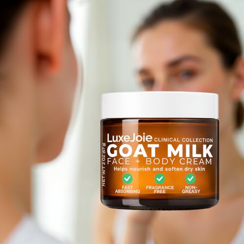 LuxeJoie Goat Milk Face & Body Cream, Fragrance Free Deep Moisturizer for Dry Sensitive Skin, Fast Absorbing Non-Greasy Hydration, 16 oz
