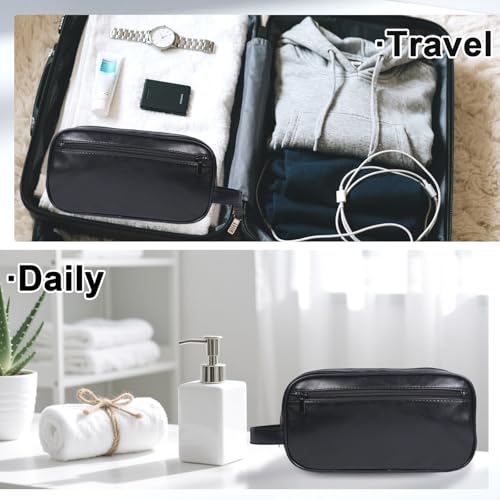 Mens travel toiletry bag Gift For Men, PU Leather Cosmetic Bag Water Resistant Dopp Kit Shaving Pouch Bathroom Toiletries Organizer(Black)