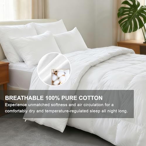 White Cotton Goose Feather Down Comforter King Size - All-Season Duvet Insert with Corner Tabs