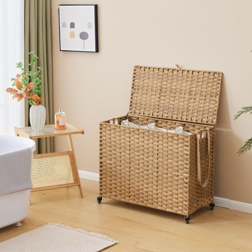 Large Laundry Hamper with Wheels 52.8 Gallon Rattan Clothes Basket with Lid & Removable Liners - Natural, 200L