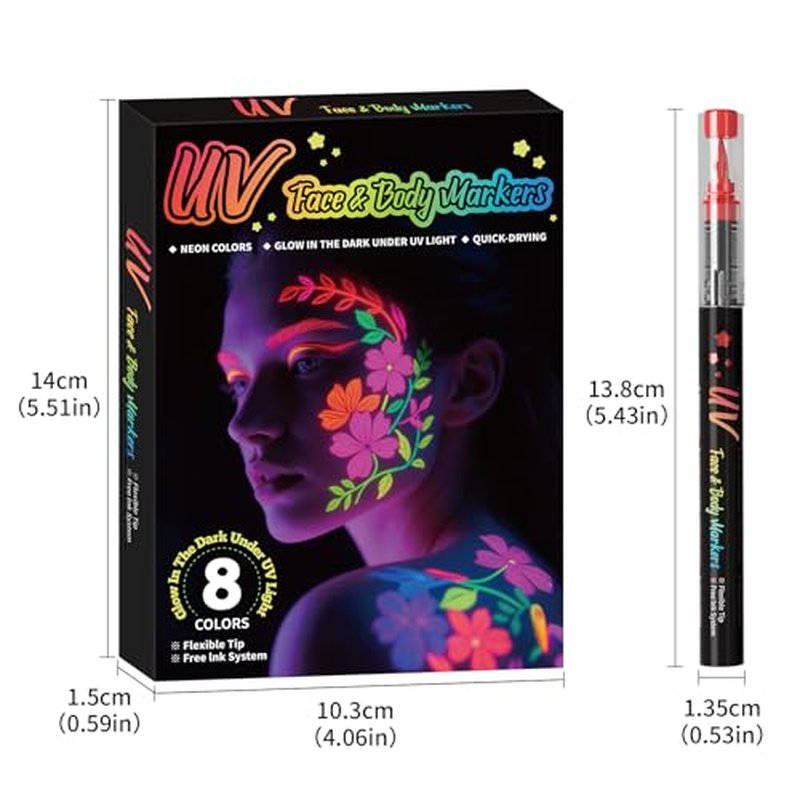 16-color luminous body painting, UV neon face painting pen, luminous face painting kit, washable skin tattoo pen, Halloween party makeup (16 colors)