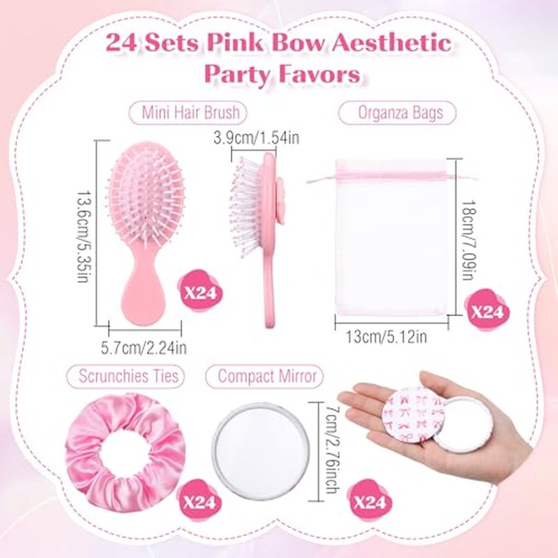 96 Pcs Coquette Bow Party Favors for Women Bow Compact Mirrors Mini Hair Brush Scrunchies Ties Organza Bags Thank You Gift Baby Shower Supplies