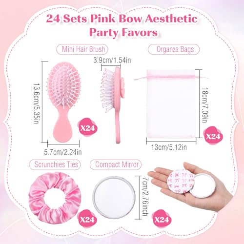 96 Pcs Coquette Bow Party Favors for Women Bow Compact Mirrors Mini Hair Brush Scrunchies Ties Organza Bags Thank You Gift Baby Shower Supplies