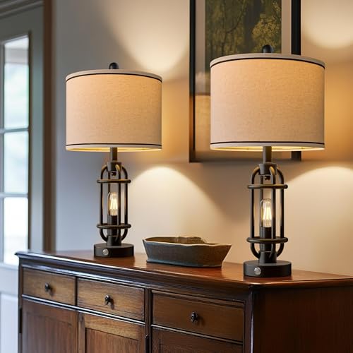 24-Inch Black Table Lamps Set of 2 with USB Ports - Industrial Vintage Nightstand Lights