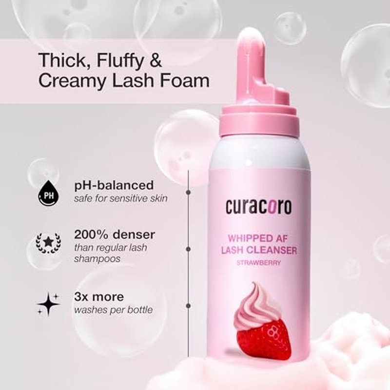 CURACORO 100ml Eyelash Extension Cleanser (Strawberry Scented) - 3X Concentrated Whipped Lash Shampoo, Deep Cleansing Lash Foam Cleanser for Sensitive Skin, Long-Lasting, Salon & Home Use