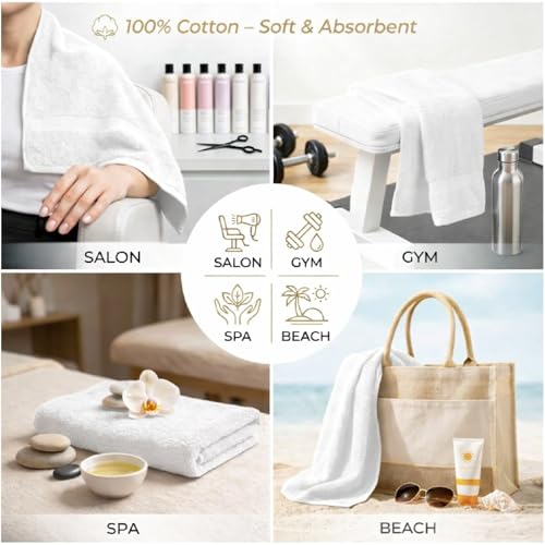HOME ESSENTIALS 24 Pack White Salon Towels 15x25 Inches - Absorbent Hand & Spa Towels for Hair, Bathroom, Gym, Spa, Hair Care