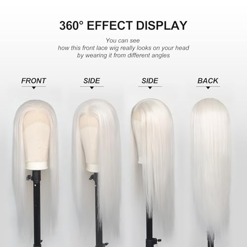 White Platinum Blonde Lace Front Wig for Women - Pre-Plucked, Heat Resistant Synthetic Fiber, 24 Inch