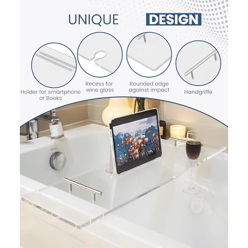 Acrylic Bathtub Tray Bathtub Tray Caddy Bath Tray Table for Tub Luxury Spa with Book and Wine Glass Holder Bathroom Accessories for Decorative Bathtubs, Transparent 31.5inch