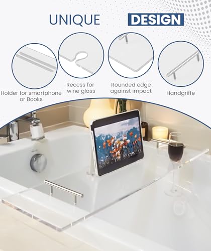 Acrylic Bathtub Caddy Tray - 39.37 x 9.45 Inch Transparent Bath Table with Book & Wine Holder