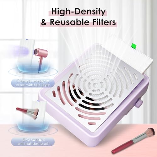 Purple Nail Dust Collector with Lamp & 50 Disposable Filters - Electric Manicure Vacuum