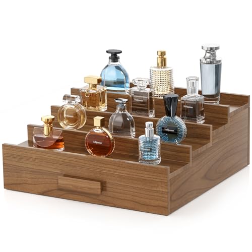 Solid Walnut Cologne Organizer for Men,4 Tier Cologne Stand,Wooden Cologne Holder Display Shelf with Drawer Storage and Hidden Compartment,Perfume Stand Organizer,Gift for Men Dad Husband