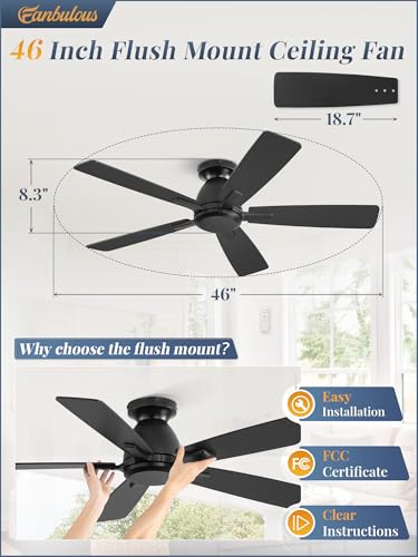 Fanbulous 46 Inch Black Flush Mount Ceiling Fan with Remote Control
