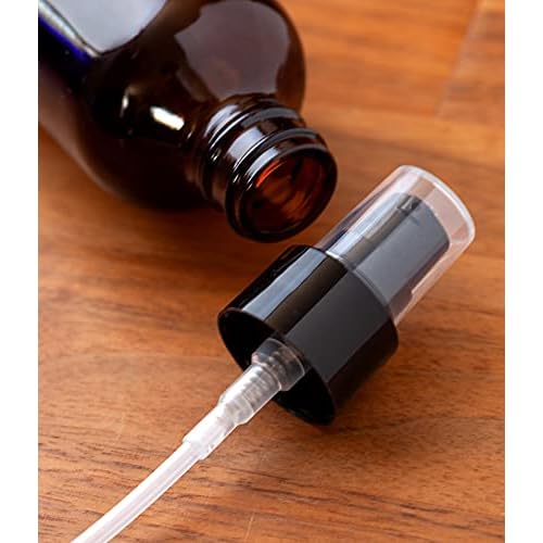 JUVITUS 4 oz Amber Glass Boston Round Bottle with Black Treatment Pump (6 pack) + Funnel