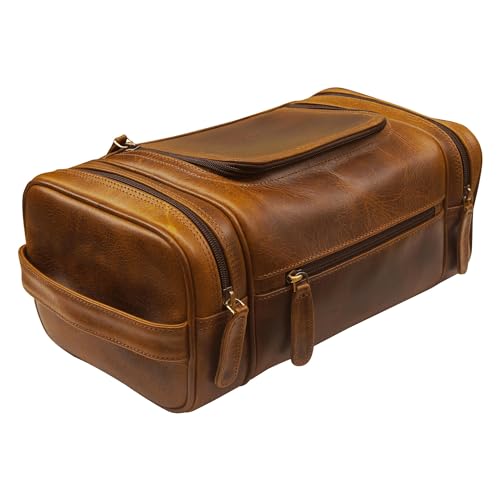 ELIZO Antique Extra Large Leather Toiletry Bag for Men Waterproof Hanging Dopp Kit Travel Organizer