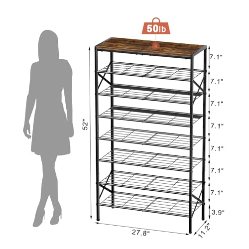 Rustic Brown 8-Tier Metal Shoe Rack with Wooden Top, Holds 24-32 Pairs