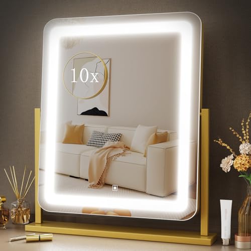 Lighted Makeup Mirror with 10X Magnification, 15.2 Inch LED Vanity Mirror - Gold