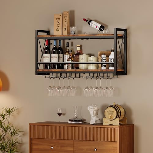Homeiju 31.5W x 7.91D x 16.85H Wall Mounted Wine Rack with Glass Holder, Vintage Wood & Metal Design