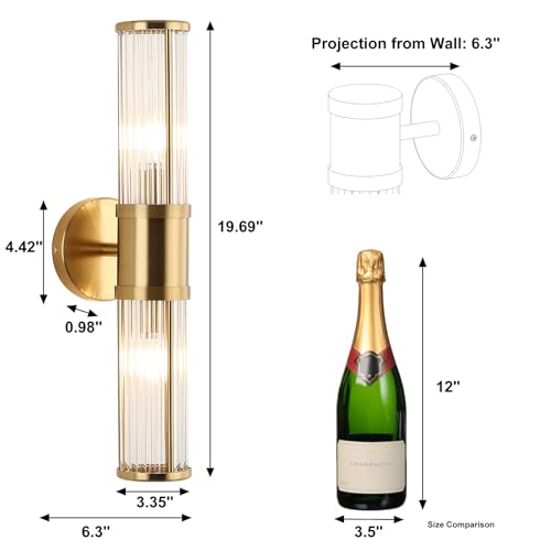 ECOBRT Brushed Brass Vanity Light Fixture 19.69 Inch Dual Glass Rod Wall Sconce
