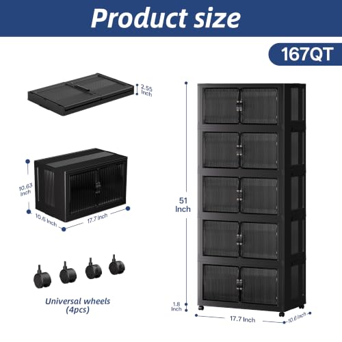 SAILUN 167QT Stackable Storage Bins with Lid - Black, 44 Gallon, 5 Pack, 18x11x51 Inches