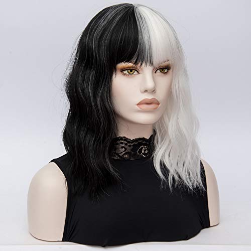Short Wavy Shoulder Length Women's Heat Resistant Wig with Full Bang - Black and White Variation