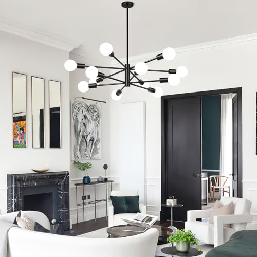 12-Light Matte Black Modern Sputnik Chandelier - Adjustable Height Ceiling Light Fixture