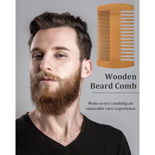 4 Pack Double-Sided Pocket Comb, Wooden Dual Action Beard and Mustache Comb Set with Leather Cases for Beards and Mustaches, Everyday Styling Comb For Detangling Knots, Beard Care & Grooming