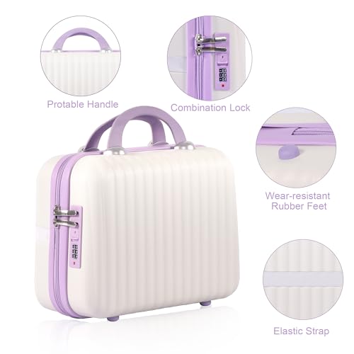 Beige & Purple 14-Inch ABS Hard Shell Makeup Train Case with Lock, Organizer